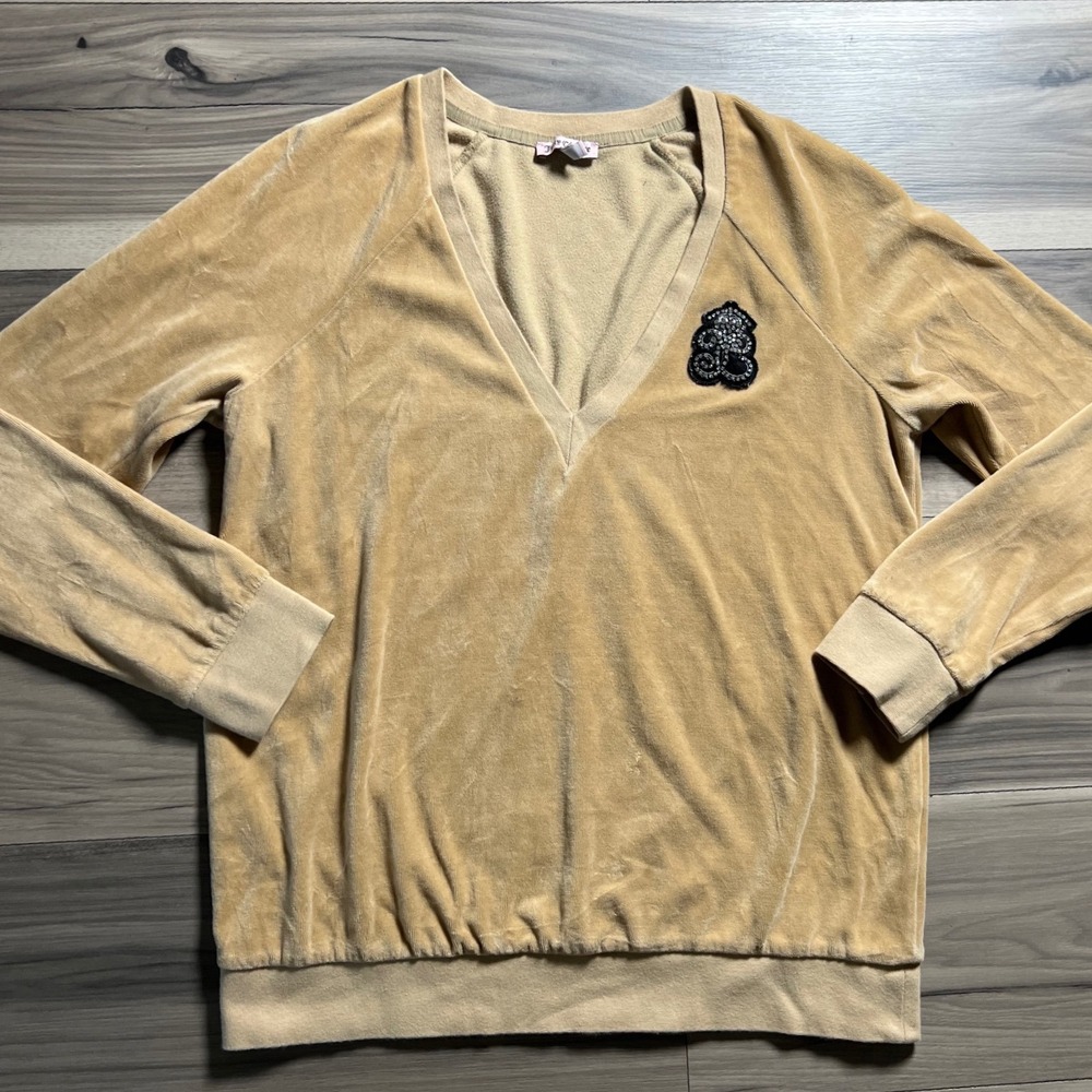 Juicy Couture Velour V-Neck Pullover Sweatshirt Tan Camel Rhinestone Crest Large